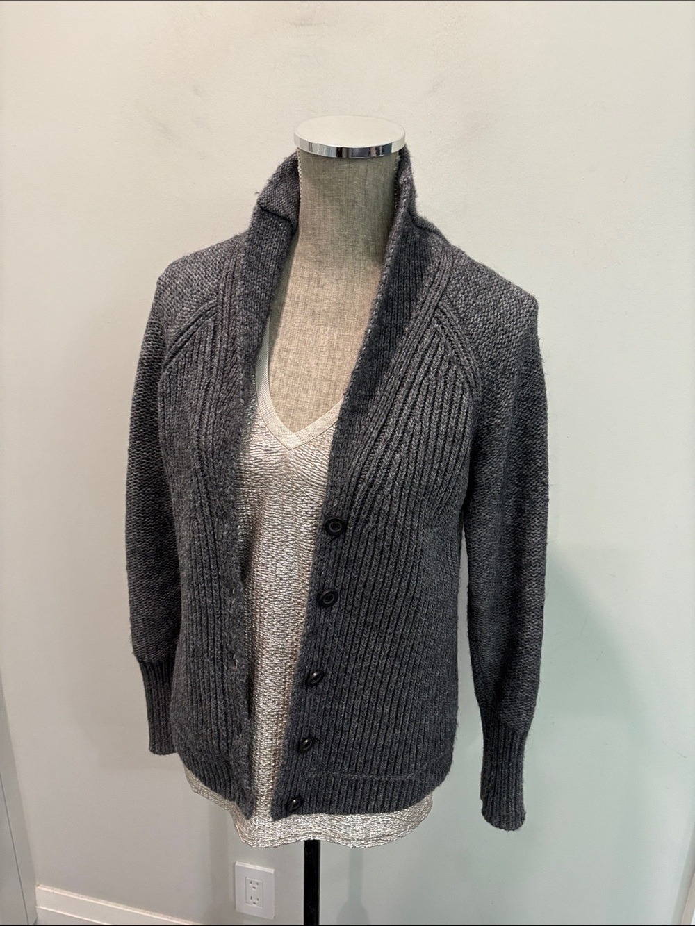 J.Crew Grey Wool Mohair Chunky Shawl Collar Cardigan Sweater Size L - Picture 6 of 15